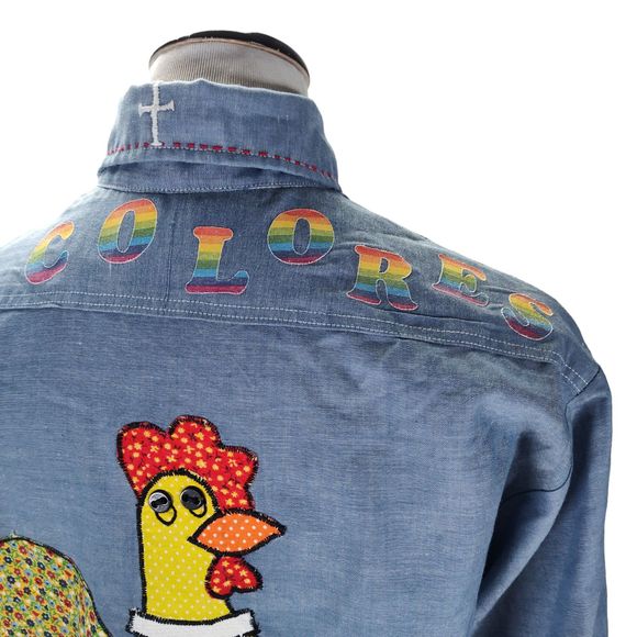 Vintage 70s Embroidered Work Shirt Size L Chambray De Colores Chicken - Picture 11 of 16